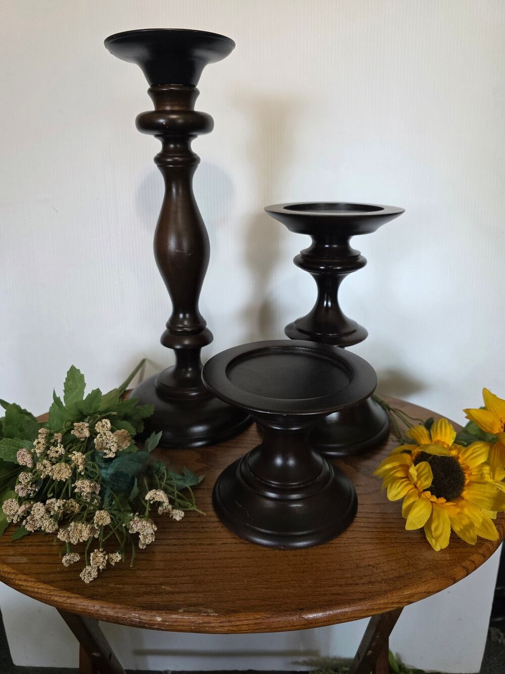 Pottery Barn Turned Wood Pillar Candle Holders Set Dark Brown Espresso 3 Pc